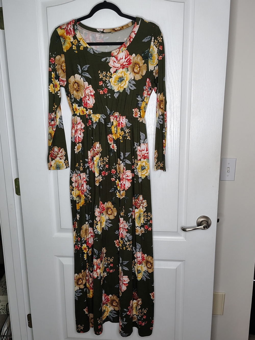 JODIFL Olive Green Floral Maxi Dress with Yellow & Pink Blooms